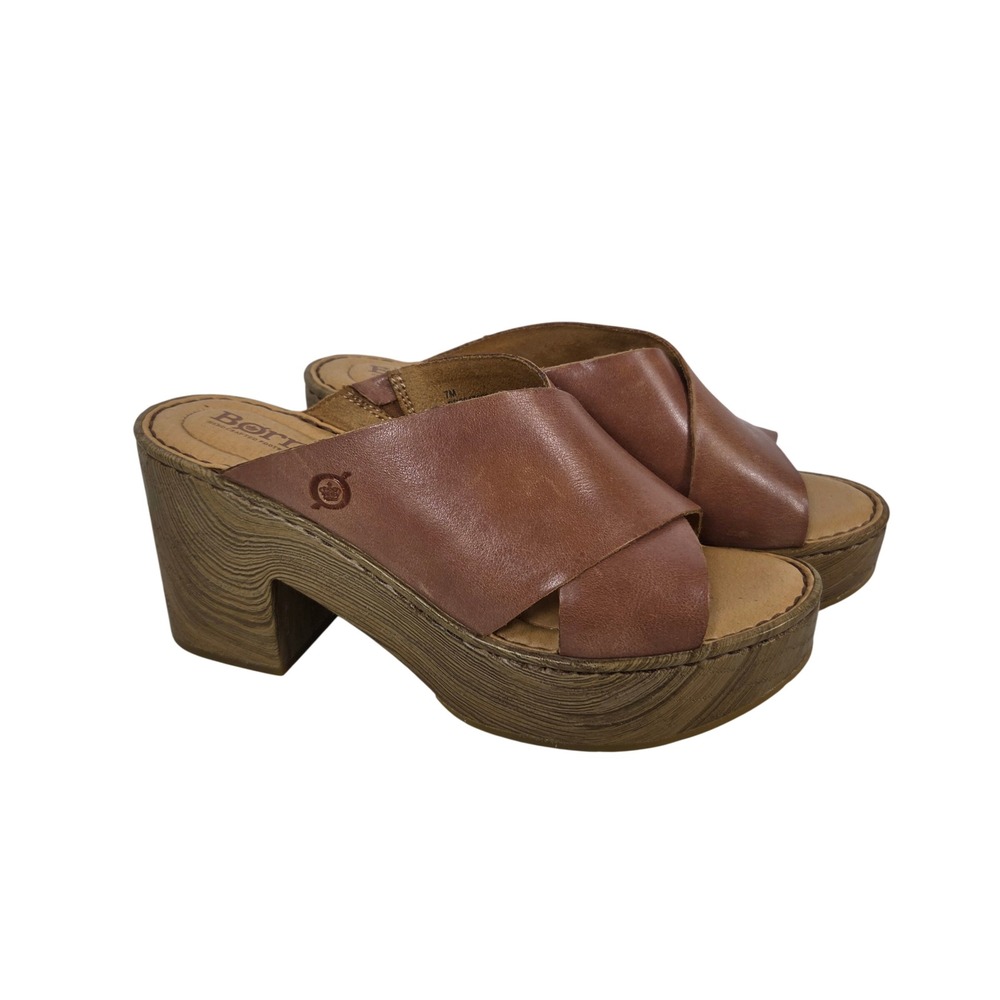 Born Brown Leather Crossover Platform Slide Sandals Clogs BR0047606 Womens 7M